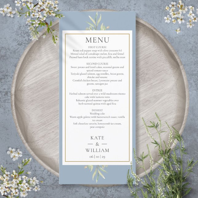 Menu de mariage et dîner à l'aquarelle bleu poussi (Dusty Blue Watercolor Greenery Wedding Dinner Menu)