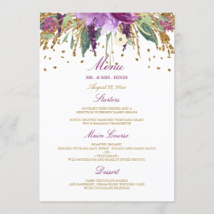 Menu de mariage et dîner pétillant floral améthyst