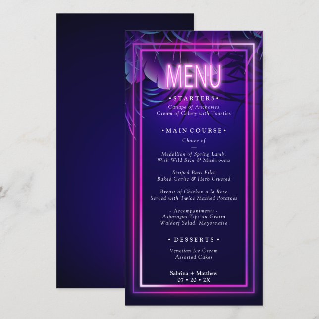 Menu de mariage | Étonnant feuillage Tropical Néon (Devant / Derrière)