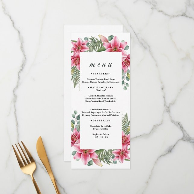 Menu de mariage exotique au lys rose tropical et f (Devant/Arrière en situation)