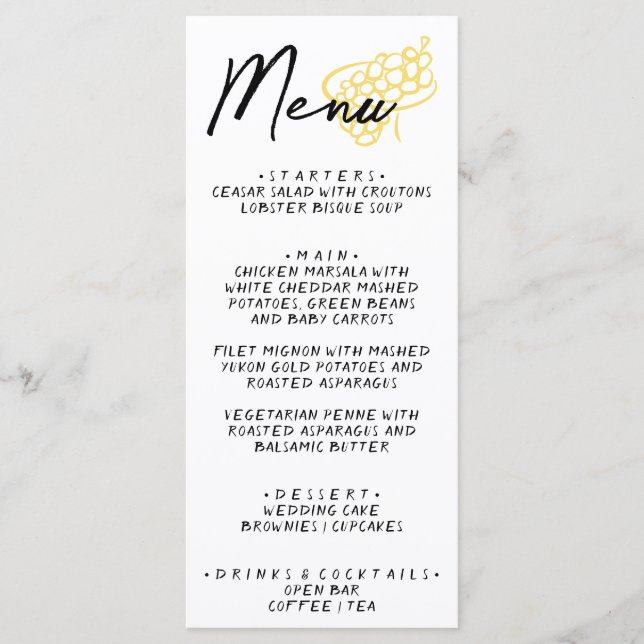 Menu de mariage fantaisiste jaune blanc dessiné à  (Devant)