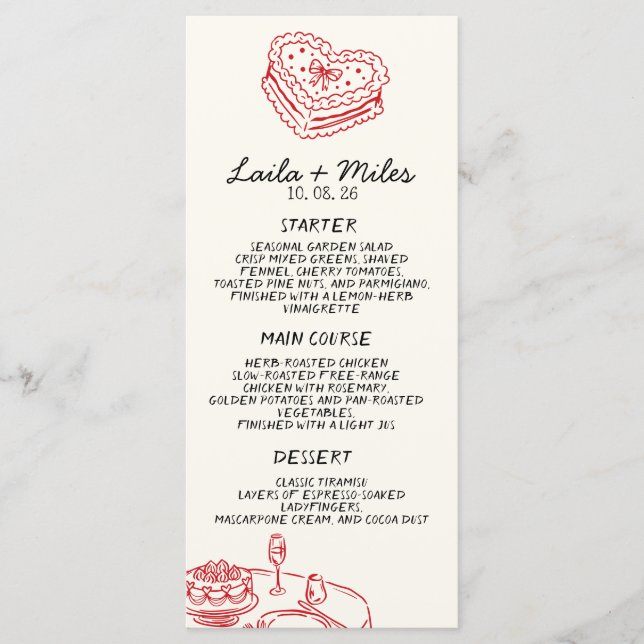 Menu de mariage fantaisiste Rouge Chaleur Mariage (Devant)