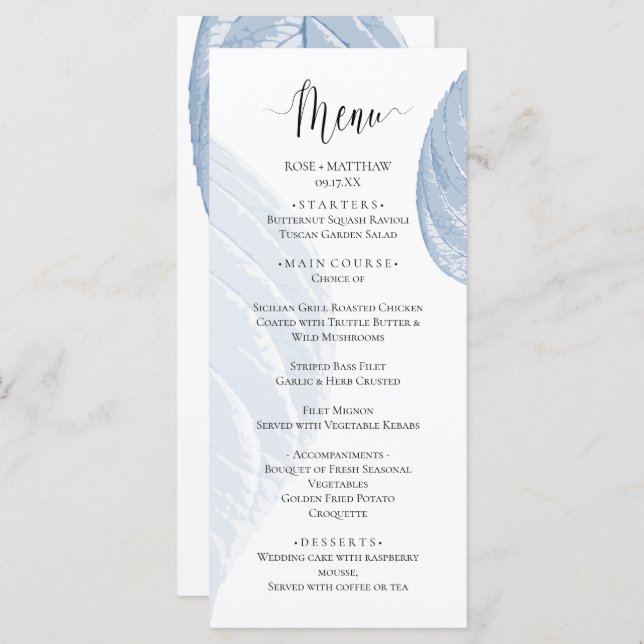 Menu de Mariage feuille bleu outrepassant (Devant / Derrière)