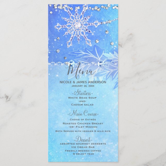 Menu de mariage Feuilles d'hiver bleues et flocons (Devant)