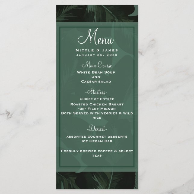 Menu de mariage feuilles tropicales Green & Black  (Devant)