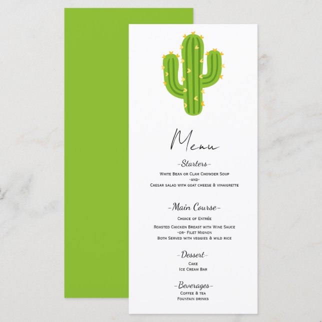 Menu de mariage Fiesta Cactus Cœur Jaune Amour (Devant / Derrière)