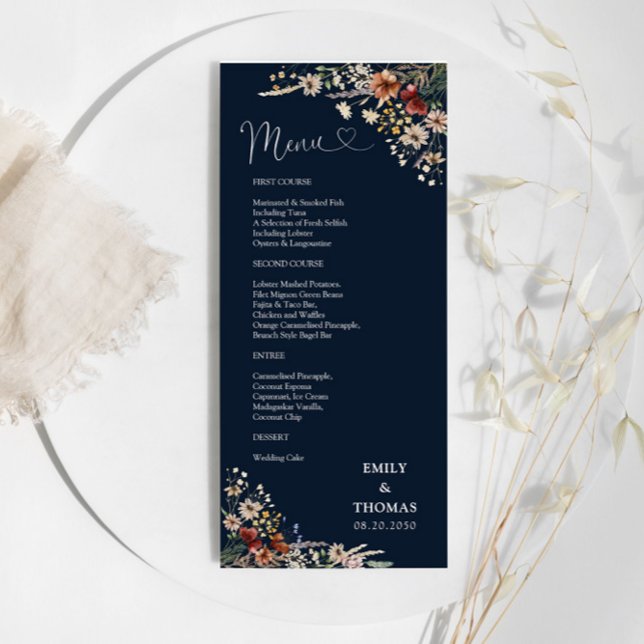 Menu de Mariage Fleur sauvage bleu mince Marine (Créateur téléchargé)