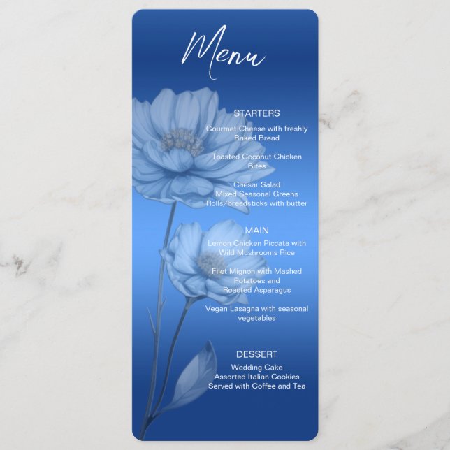 Menu de mariage Fleurs aquarelle bleue (Devant)