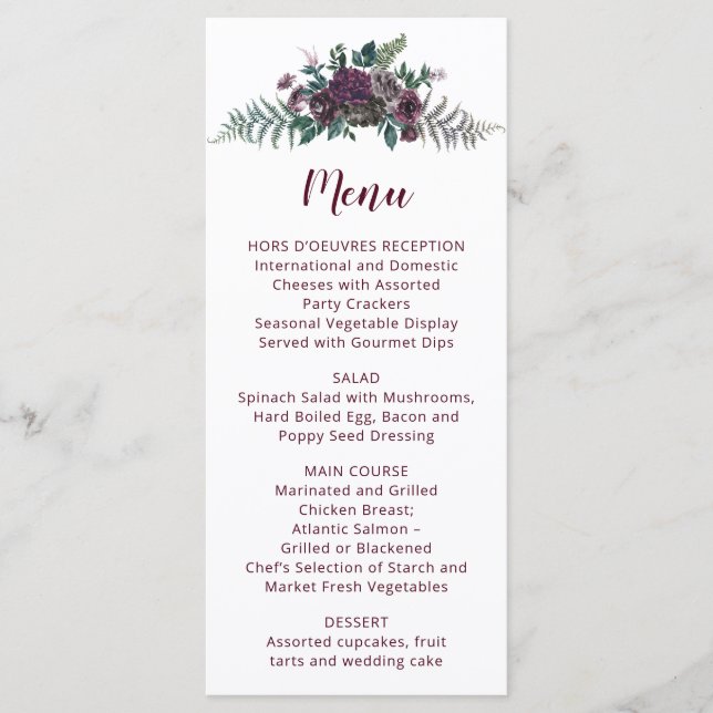 Menu de mariage Fleurs aquarelles Bourgogne et Gri (Devant)