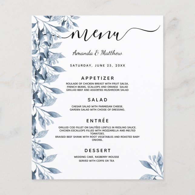 Menu de mariage fleurs botaniques bleues blanches (Devant)