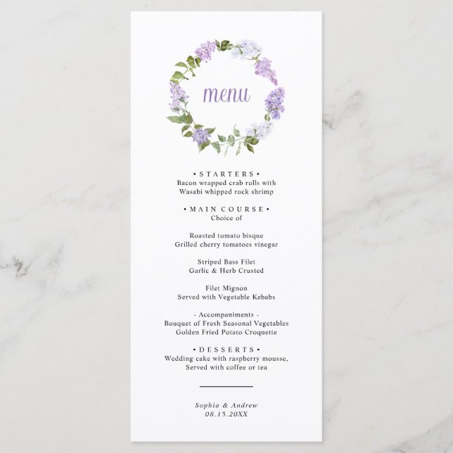 Menu de mariage Fleurs de Lilas Rustiques (Devant)