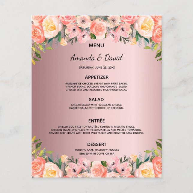 Menu de mariage fleurs rose poudré rose poussiéreu (Devant)