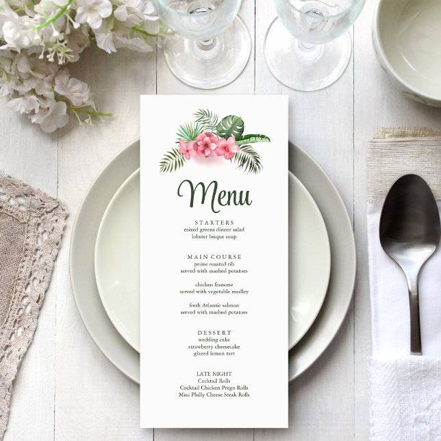 Menu de mariage Fleurs tropicales roses (Pink Tropical Flowers Wedding Menu on white wedding table.)