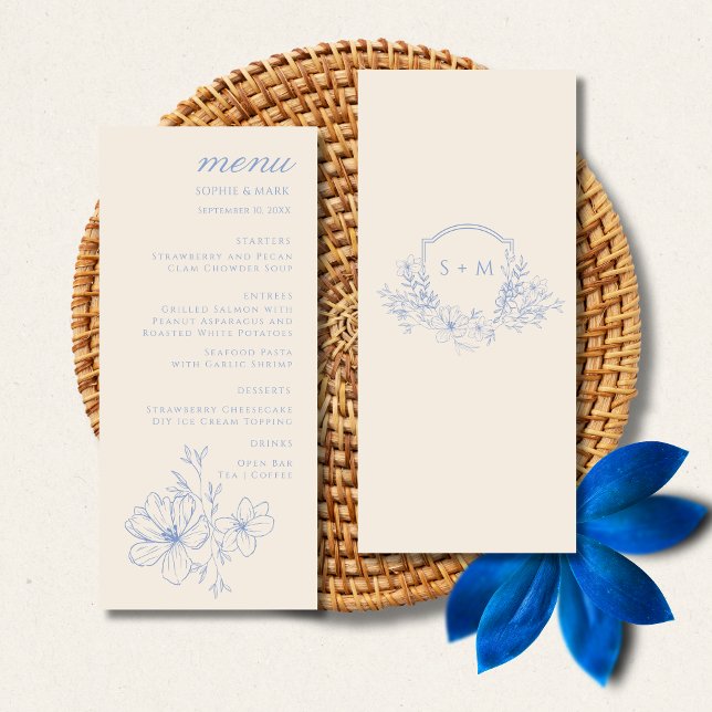 Menu de mariage floral à crête de monogramme bleu  (Créateur téléchargé)