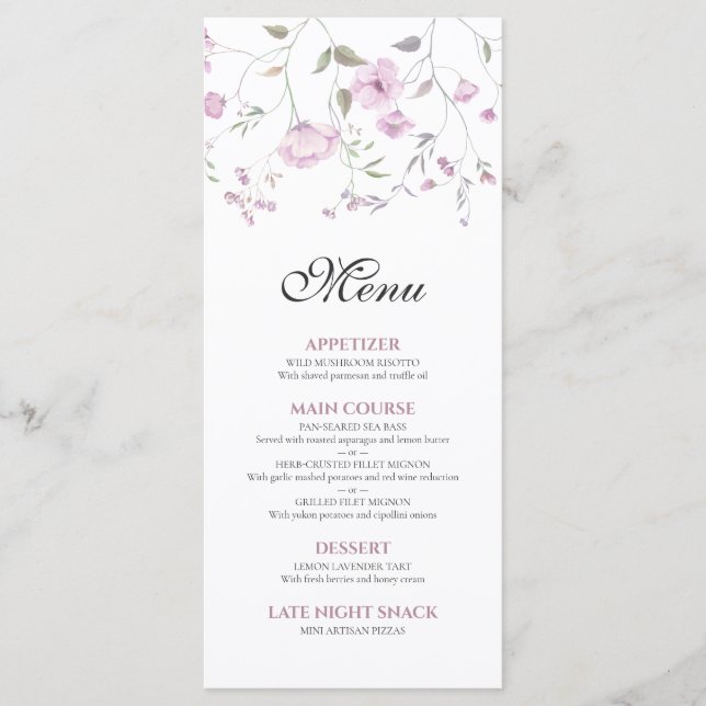 Menu de mariage floral à l'aquarelle élégant rose (Devant)