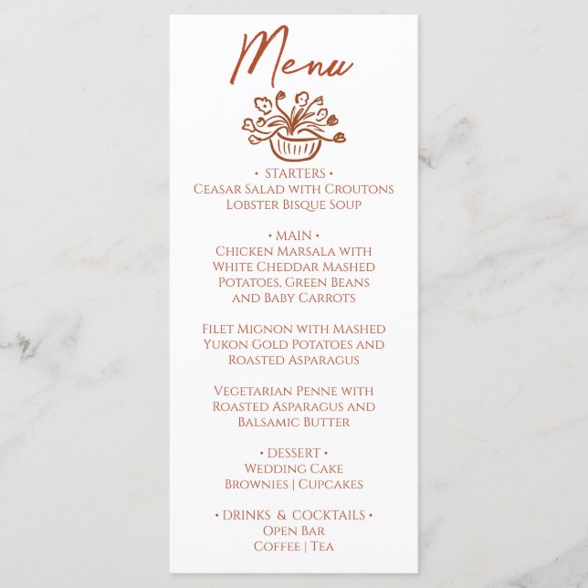 Menu de mariage floral à main levée Boho orange br (Devant)