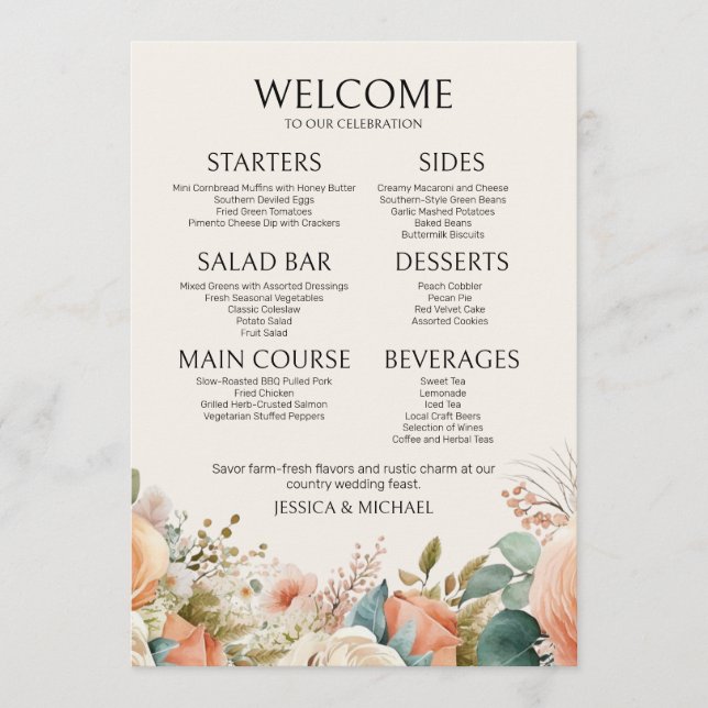 Menu de mariage floral aquarelle crème pêche (Devant)