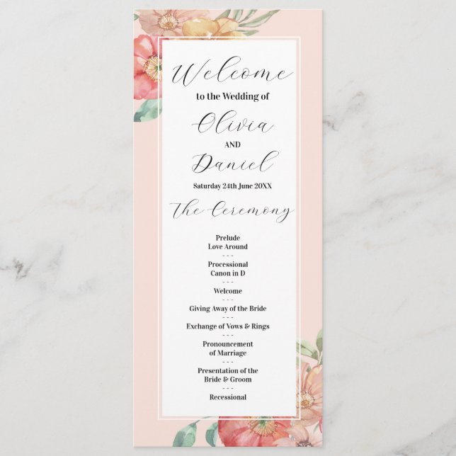 Menu de mariage floral aquarelle Détails de la cér (Devant)