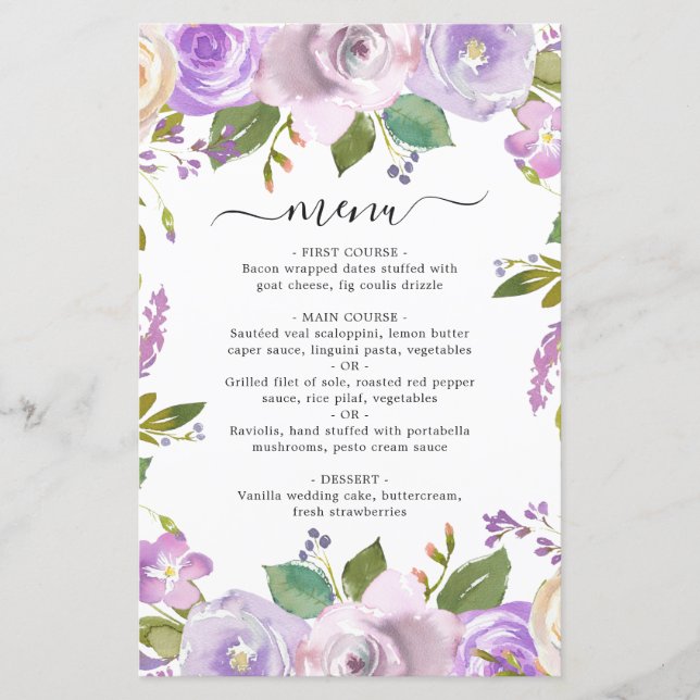 Menu de mariage floral aquarelle élégant couleur l (Devant)