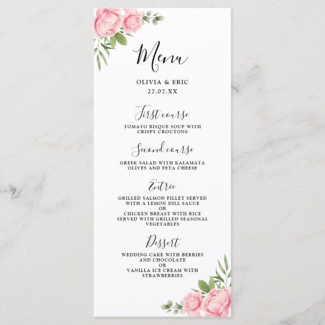 Menu de mariage floral aquarelle printemps / été (Devant)