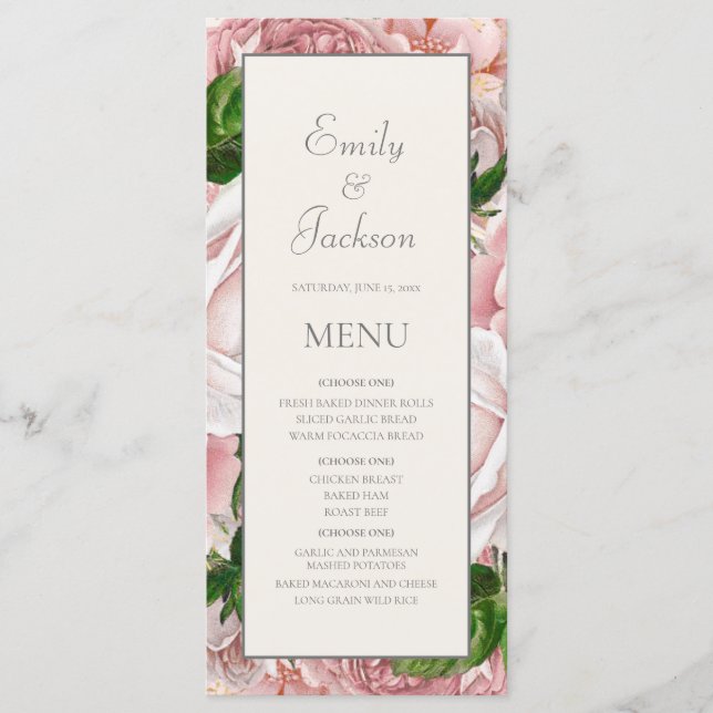 Menu de mariage floral aquarelle rose blush sur fo (Devant)