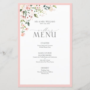 Menu de mariage floral aquarelle rose pêche élégan