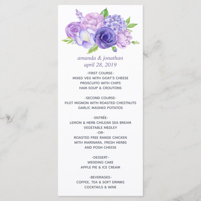 Menu de mariage floral aquarelle Ultra Violet (Devant)