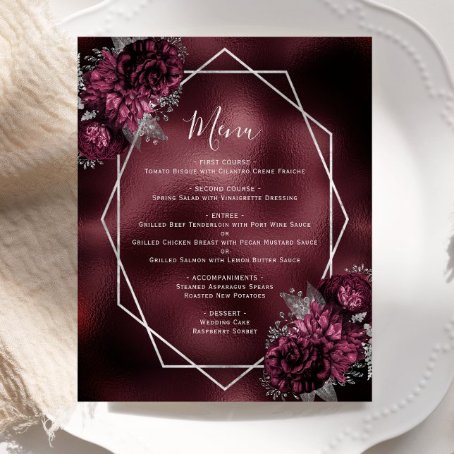 Menu de mariage floral argenté Bourgogne abordable (Créateur téléchargé)