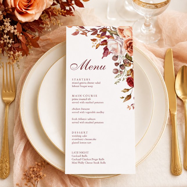 Menu de mariage floral automnal orange brûlé et pê (Burnt Orange & Peach Autumn Floral Wedding Menu)