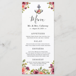 Menu de mariage floral avec ancre nautique