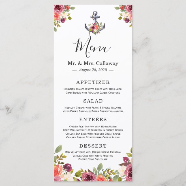 Menu de mariage floral avec ancre nautique (Devant)