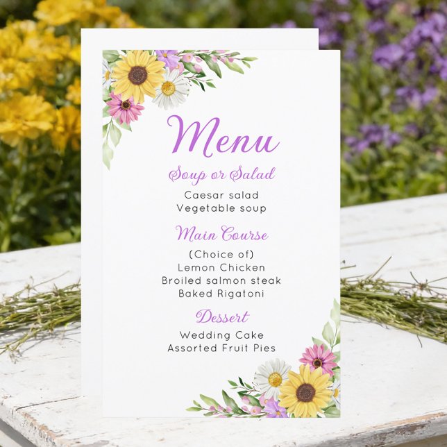 Menu de mariage floral avec tournesol et marguerit (Créateur téléchargé)