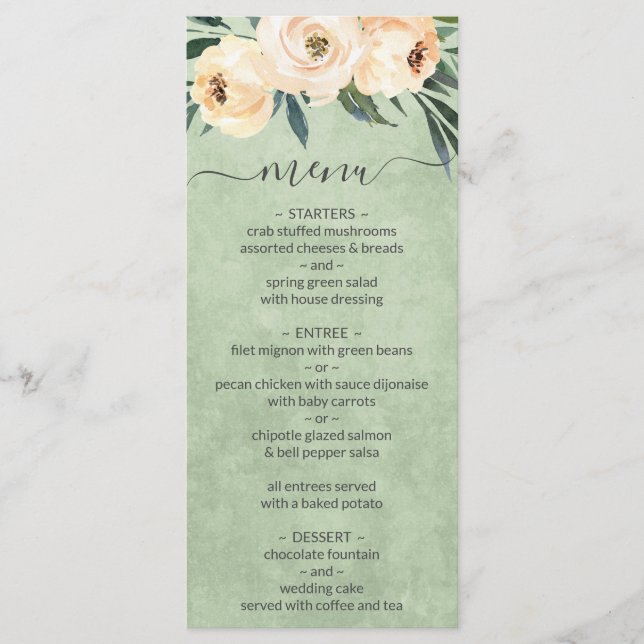 Menu de mariage Floral Beige Blush Vert Sauge (Devant)
