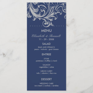 Menu de Mariage Floral Bleu Antique et Gris