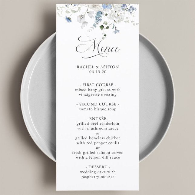 Menu de mariage floral bleu blanc vert romantique  (Créateur téléchargé)