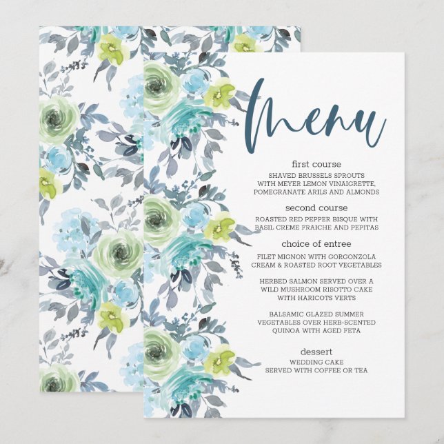 Menu de mariage floral bleu clair jaune vert (Devant / Derrière)