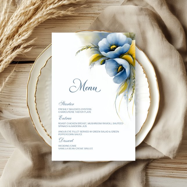 Menu de mariage floral bleu et jaune (Créateur téléchargé)