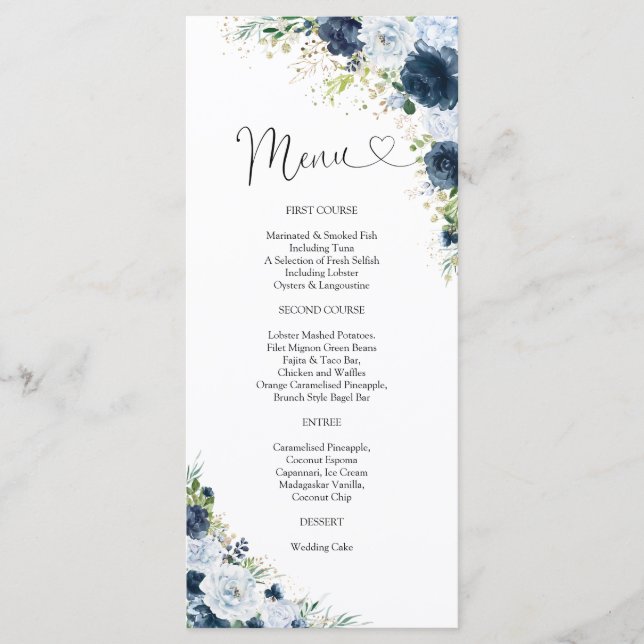 Menu de mariage floral bleu marine (Devant)