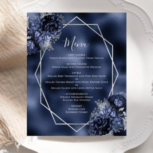 Menu de mariage floral bleu marine argenté à petit
