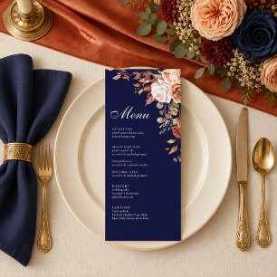 Menu de mariage floral bleu minuit et orange brûlé