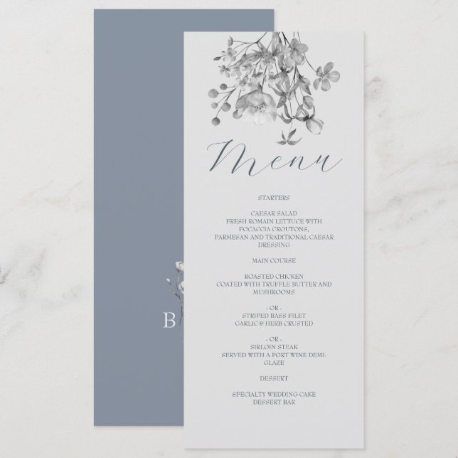 Menu de mariage floral bleu poussiéreux (Devant / Derrière)