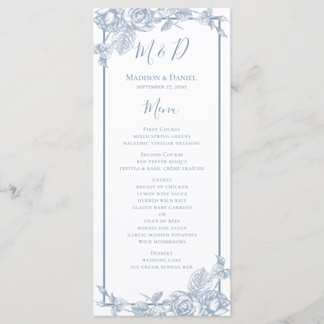 Menu de mariage floral bleu poussiéreux (Devant)