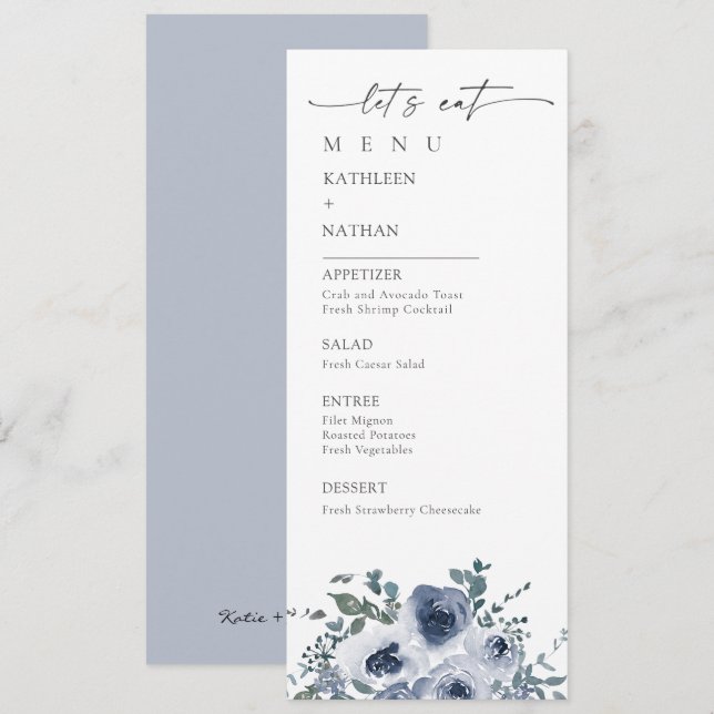 Menu de mariage floral bleu poussiéreux (Devant / Derrière)