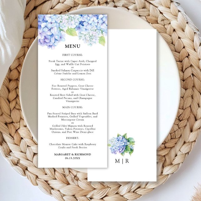 Menu de mariage floral bleu poussiéreux Hydrangea (Créateur téléchargé)