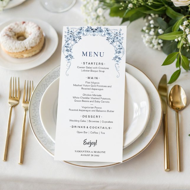 Menu de mariage floral bleu poussiéreux | Roses à  (Créateur téléchargé)