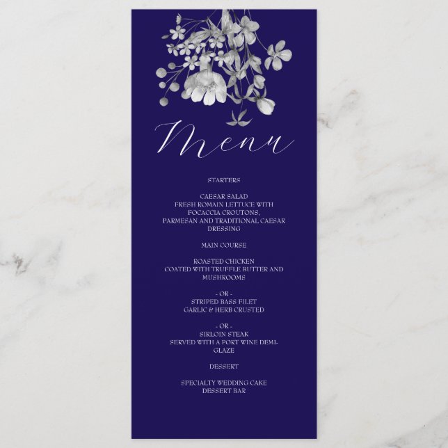Menu de mariage floral bleu royal (Devant)