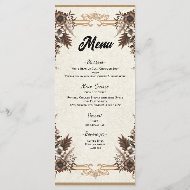 Menu de mariage floral bohème élégant vintage (Devant)