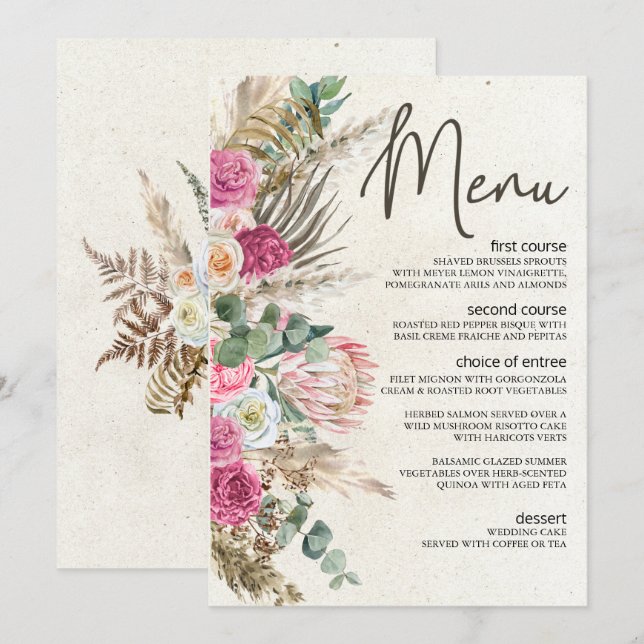 Menu de mariage floral bohème pastel neutre (Devant / Derrière)