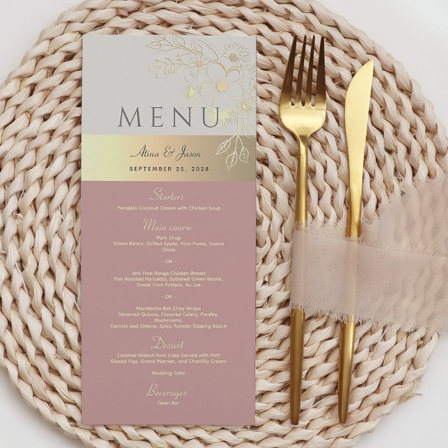 Menu de mariage floral bohème rose poussiéreuse ro (Créateur téléchargé)