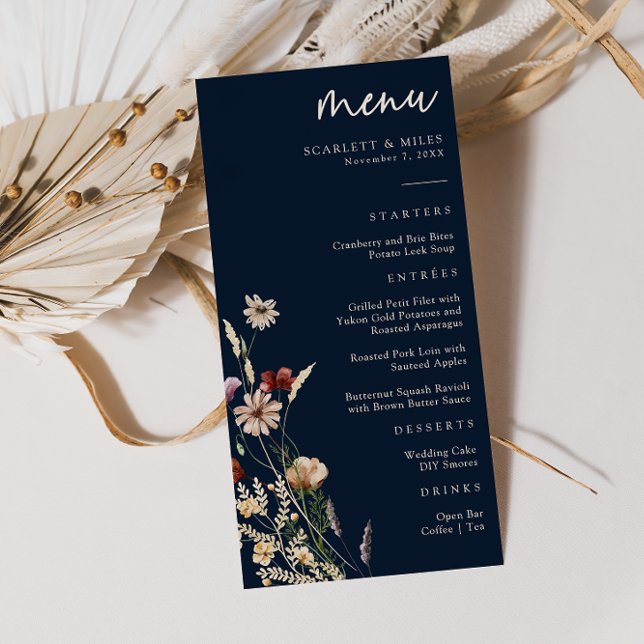 Menu de mariage floral boho bleu marine (Créateur téléchargé)